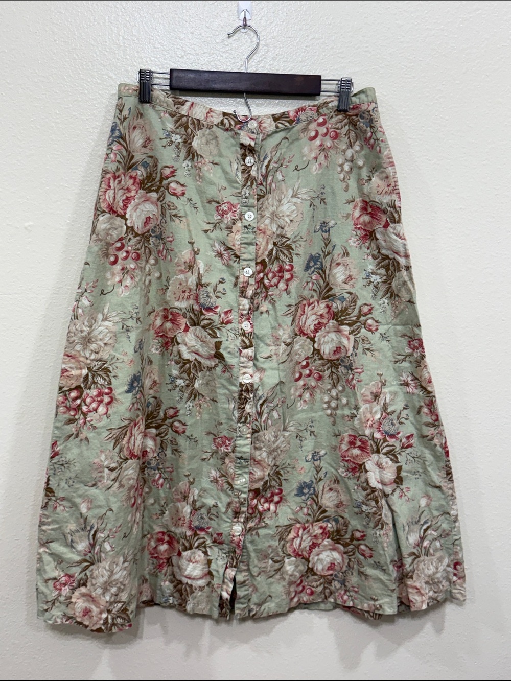 VTG Chaps Floral Button-Front Midi Skirt - Mint Green Size 12 Fall Cottagecore
